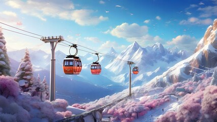 Skiing in a snowy peak with a cable car. AI GENERATED