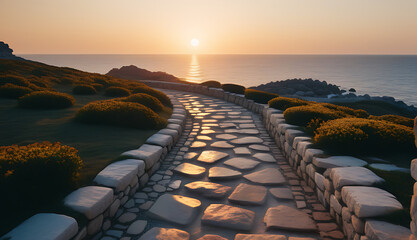 Wall Mural - sunrise stone path sea