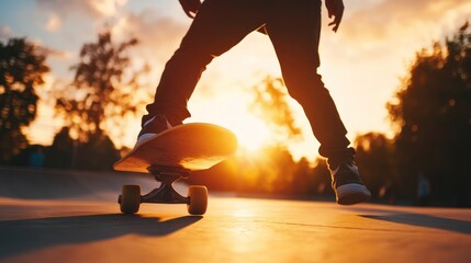 Canvas Print - A silhouette of a skater riding a skateboard at sunset in an outdoor skate park.