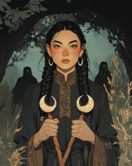 A dark fantasy, ethereal, and mysterious illustration of an Asian woman with black hair in braids