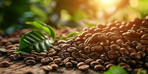 Close up of coffee beans with green leaves on wooden table and sunlight background, Coffee time and relax background, Generative AI