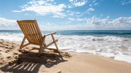 Relaxing Beach Scene with Wooden Chair and Ocean View