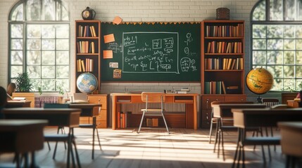 Wall Mural - A classroom setting with a chalkboard, bookshelves, and globes, designed for learning.