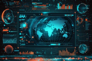 Poster - background of an abstract digital business interface with a globe and a chart. 3d rendering.