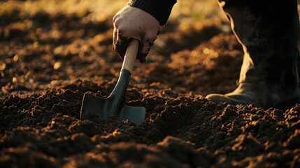 Wall Mural - A hand using a shovel to dig in soil during sunset, highlighting agricultural activity.