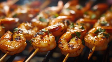 Wall Mural - Grilled shrimp skewers garnished with herbs, showcasing a delicious outdoor cooking scene.