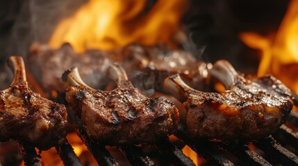 Sticker - Grilled meat sizzling over flames, showcasing a delicious barbecue scene.