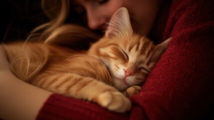 Wall Mural - A cozy moment between a person and a sleeping orange cat, showcasing warmth and affection.