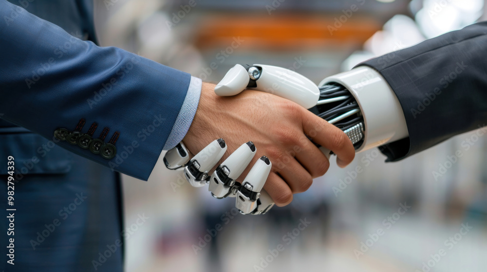 A close-up of a handshake between a human in a suit and a robotic hand ...