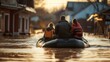 © sirisakboakaew - the emergency rescue team using boats to help. Floodwater has reached the roof of the house. The father, mother and child sit on the roof of the house waiting for help.