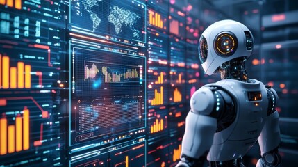 An interface with a graph and data is displayed on a futuristic robot.