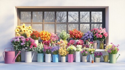 Wall Mural - A vibrant display of colorful flowers arranged in pots by a window.