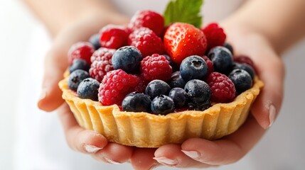 Sticker - A person holding a berry tart filled with fresh strawberries, raspberries, and blueberries.