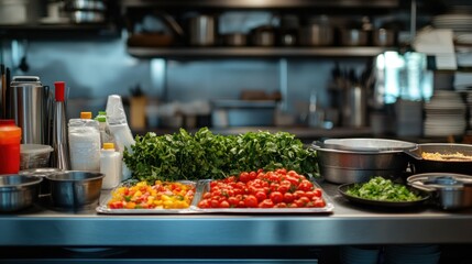 Wall Mural - A vibrant kitchen prep area with fresh ingredients ready for cooking.