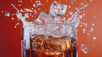 Wall Mural - A glass filled with a fizzy drink and ice cubes splashing in a vibrant background.