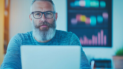 Poster - A middle-aged man with a grey beard works on his laptop.