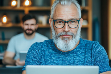 Wall Mural - Smiling senior man in glasses using a laptop.