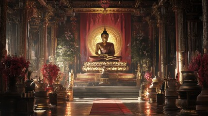 Religious artwork of Buddha in a traditional Asian style, with golden accents and sacred symbols, temple setting