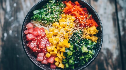 Wall Mural - A vibrant bowl of colorful noodles topped with fresh vegetables and sesame seeds.