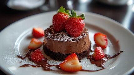 Sticker - A delectable chocolate dessert topped with fresh strawberries and garnished with powdered sugar.