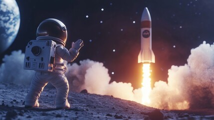 Canvas Print - Astronaut waves as a rocket launches from a lunar surface, showcasing space exploration.