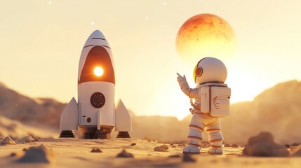 Canvas Print - An astronaut points towards a rocket on a distant planet during a sunset.