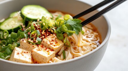 Delicious bowl of Asian noodle soup with tofu and herbs