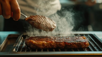 Sticker - A hand lifts a burger patty above a sizzling steak on a grill, creating a smoky atmosphere.