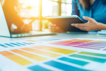 Wall Mural - A close-up of a colorful chart on a desk, with a person in the background using a tablet.