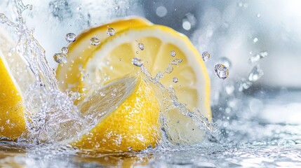 Wall Mural - A splash of lemon slices in water, showcasing freshness and vitality.