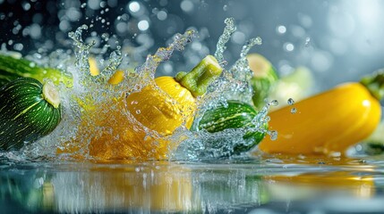 Sticker - Fresh vegetables splashing in water, showcasing vibrant colors and textures.