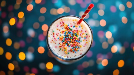 Wall Mural - A colorful milkshake topped with sprinkles and a straw, set against a blurred background.