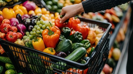 Canvas Print - A hand selecting colorful vegetables from a grocery basket filled with fresh produce.