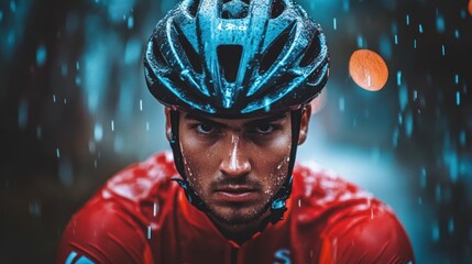 Wall Mural - A focused cyclist in the rain, showcasing determination and resilience.