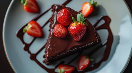 Wall Mural - A slice of rich chocolate cake topped with strawberries and chocolate sauce on a plate.