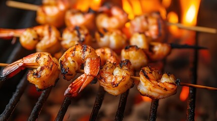 Poster - Grilled shrimp skewers sizzling over an open flame, showcasing a delicious barbecue scene.