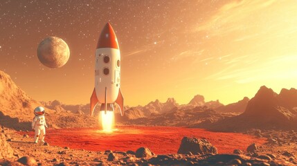 Canvas Print - A rocket launches on a Martian landscape with an astronaut observing the scene.