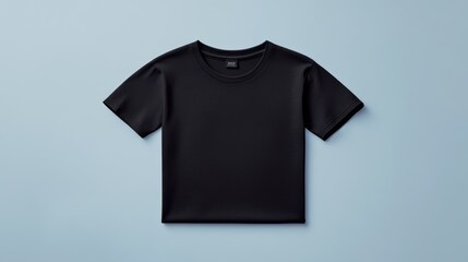 A flat lay of a black t-shirt on a light blue background, showcasing its design and color.