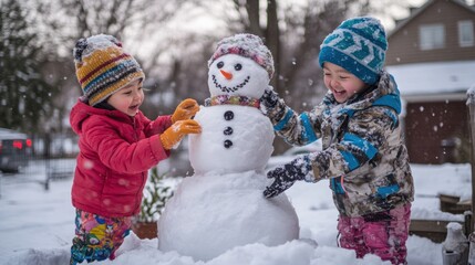 Poster - Two children joyfully building a snowman in a snowy yard during winter.