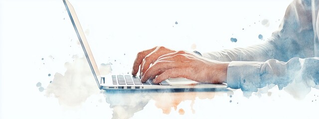 Closeup watercolor illustration hands using laptop computer and internet, typ on keyboard, search information, browsing. Freelancer copywriter working project, typing text, edit. Remote job concept