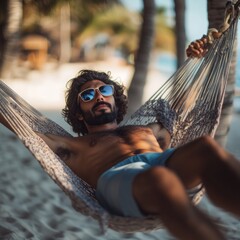 Wall Mural - A man relaxing in a hammock on a sunny beach, enjoying leisure time.