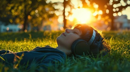 Wall Mural - A boy relaxing on grass with headphones, enjoying the sunset in a serene environment.