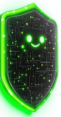 Wall Mural - A digital shield with a smiling face and glowing green circuit patterns.