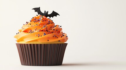 Poster - A festive cupcake with orange frosting, colorful sprinkles, and a bat decoration for Halloween.