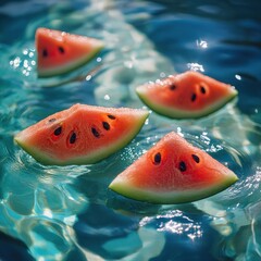 Wall Mural - Slices of watermelon floating in a pool, creating a refreshing summer vibe.