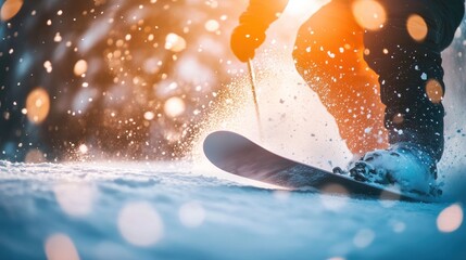 Sticker - A snowboarder carving through fresh snow with a vibrant, sparkling background.