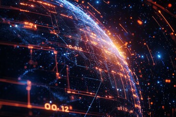 Poster - 3D Globe with planet Earth hologram, digital data and technology.