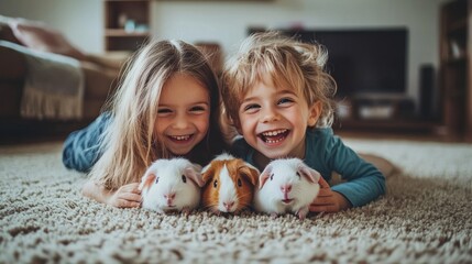 Canvas Print - Two smiling children lying on a carpet with guinea pigs, enjoying a playful moment.