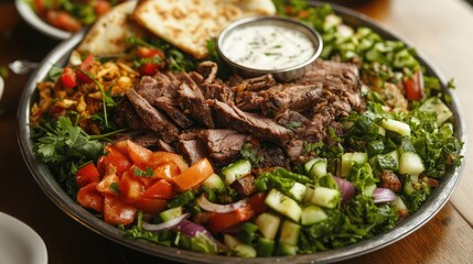 Sticker - A platter of Lebanese shawarma, with marinated meat, fresh vegetables, and pita bread, served with a side of garlic sauce.