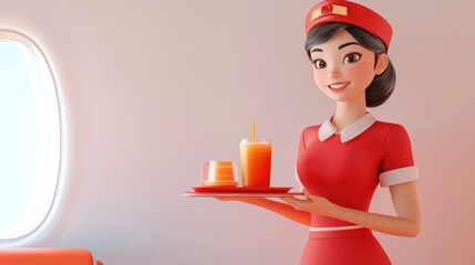 Canvas Print - A cheerful flight attendant serves drinks and dessert on a tray in an airplane setting.